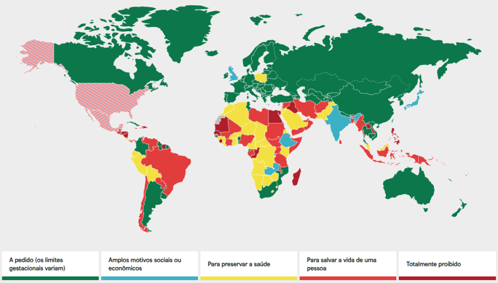 ONG aponta realidade global para o aborto em gráfico com cores que indicam de liberação mediante solicitação até proibição total