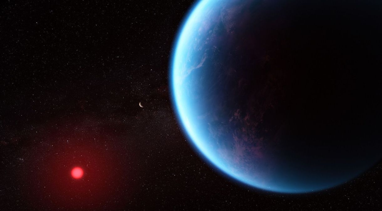 A Nasa compartilhou uma ilustração representando a órbita do exoplaneta K2-18b (à direita) em torno de sua estrela anã