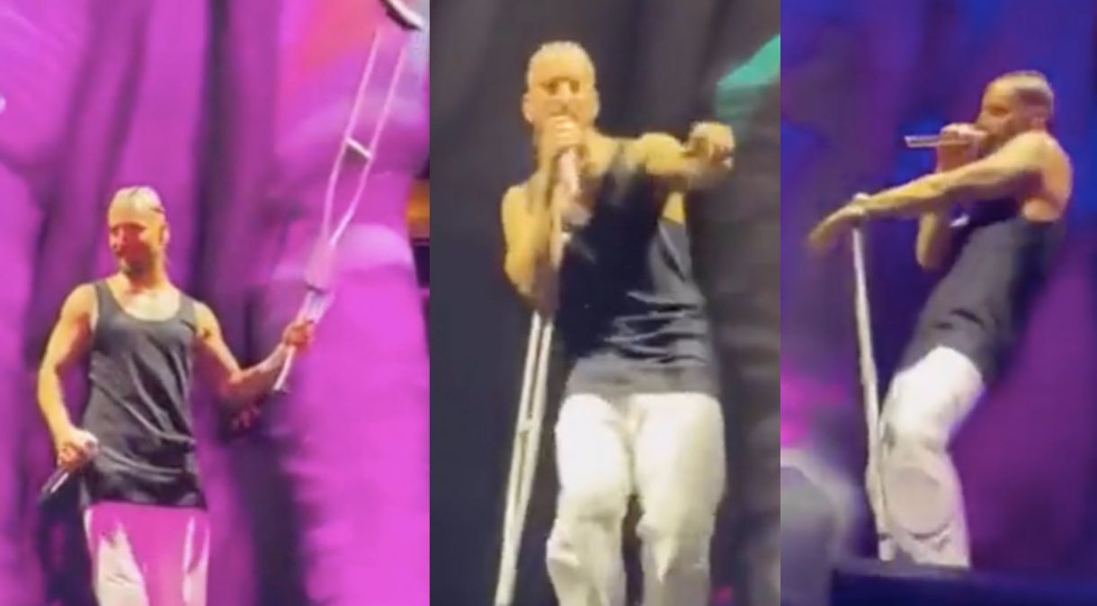 O cantor colombiano foi mais ágil e conseguiu pegar a muleta que foi atirada antes que ela pudesse machucá-lo