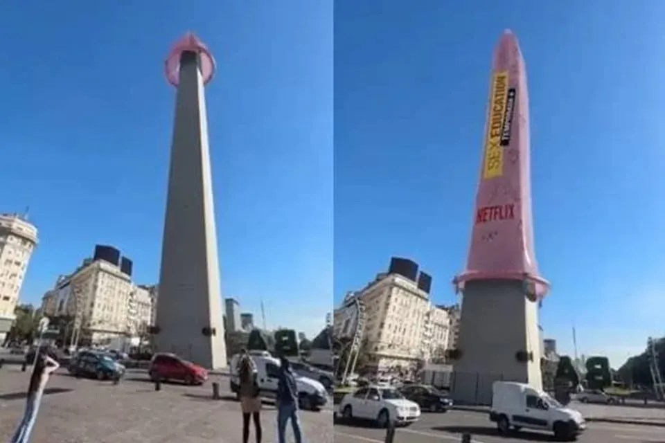 Obelisco é coberto artificialmente com camisinha gigante