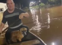 Pai e filha salvam cachorro no meio da enchente no Rio Grande do Sul