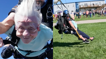 Nas redes sociais, a empresa Skydive Chicago elogiou a coragem de Dorothy Hoffner: “Trocando o andador por um paraquedas” 