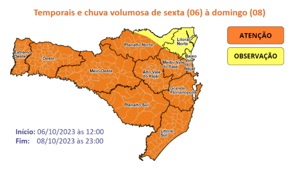 Mapa de SC, com regiões em atenção e observação de sexta (6) a domingo (8)