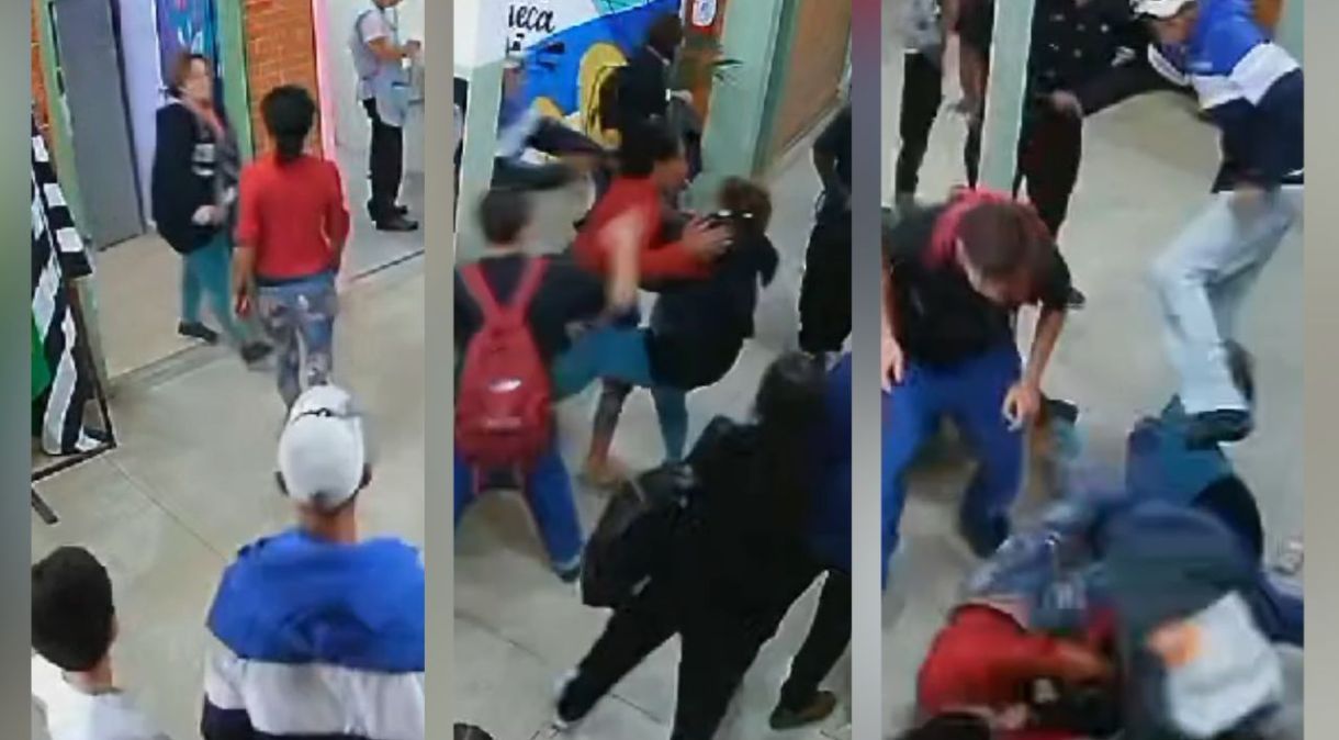 Professora foi agredida por mãe de aluno (de blusa vermelha nas imagens) em escola estadual na região metropolitana de São Paulo
