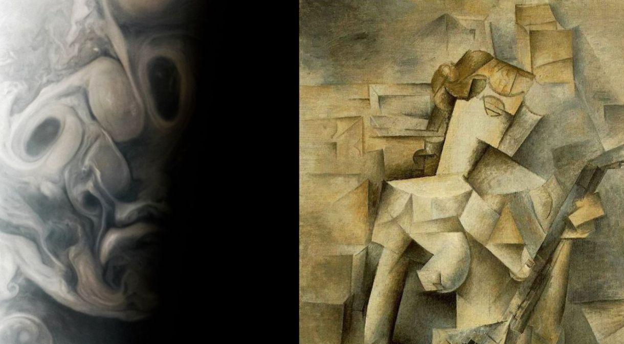 À esquerda, imagem capturada pela Nasa, que parece mostrar um rosto no estilo cubista, representado na pintura "Menina com bandolim", de Picasso