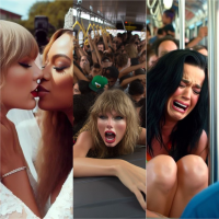 Beyoncé e Taylor Swift se beijando, Katy Perry em ônibus lotado; artista cria cenas para divas pop com IA