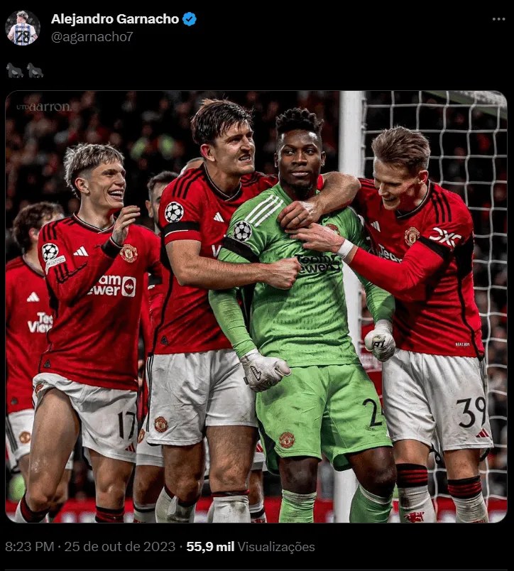 Post de Alejandro Garnacho, do Manchester United, com legenda de gorilas em foto com Andre Onana e outros companheiros de equipe