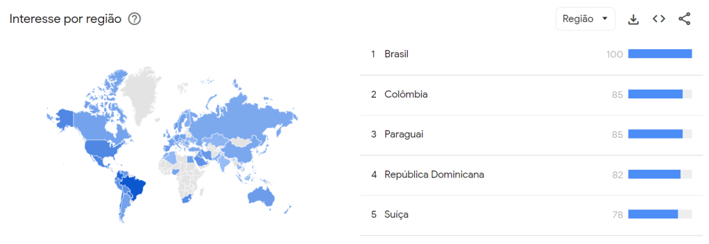 Gráfico do Google Trends que mostra os países com mais interesse de busca em "lipoaspiração"