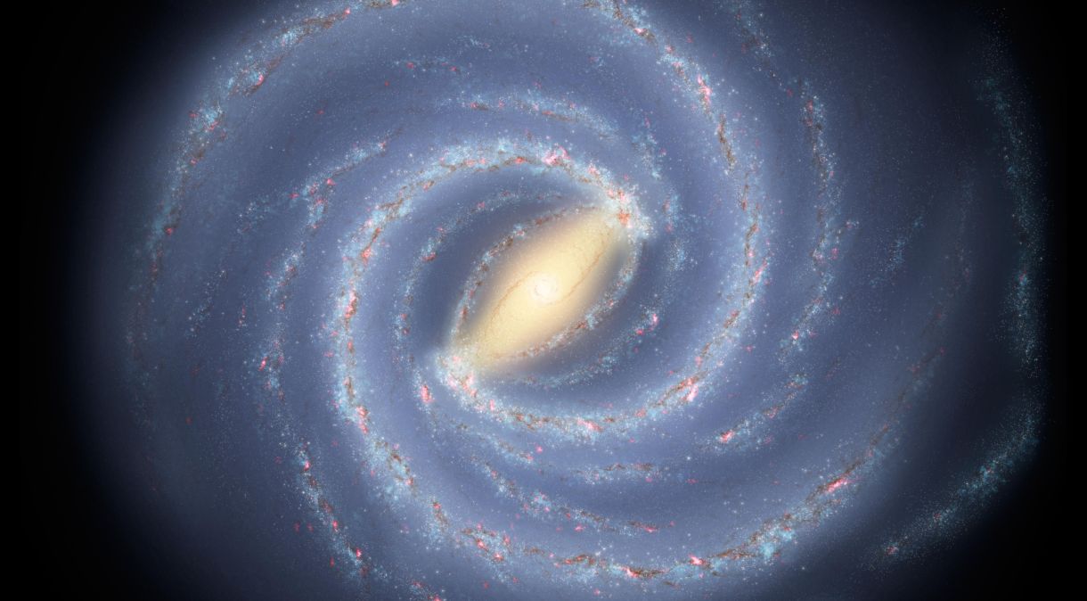 Ilustração mostra visão de cima da Via Láctea, que é uma galáxia espiral barrada