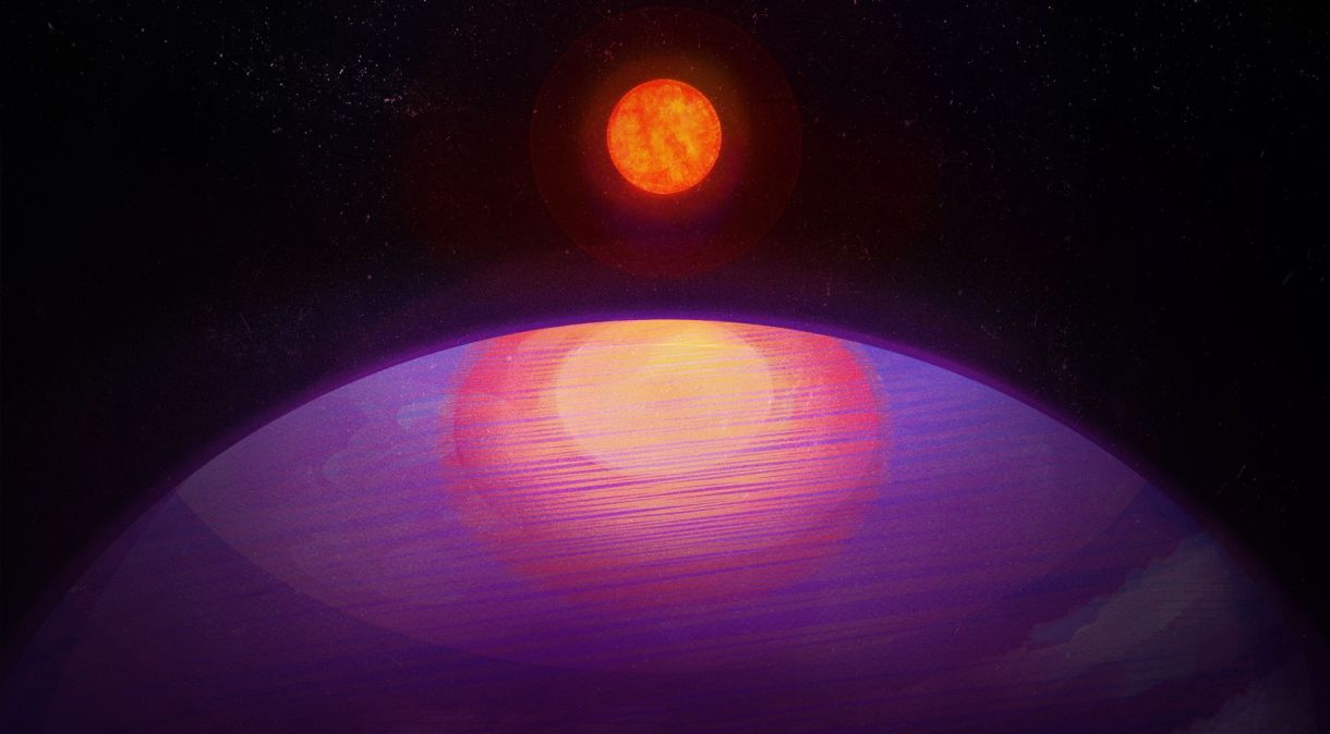 Ilustração da possível visão do LHS 3154b em direção à sua estrela hospedeira de baixa massa