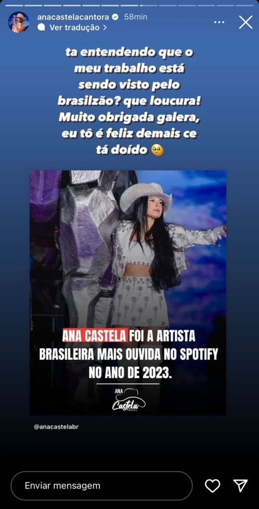 Stories de Ana Castela após ser a artista brasileira mais escutada no Spotify esse ano
