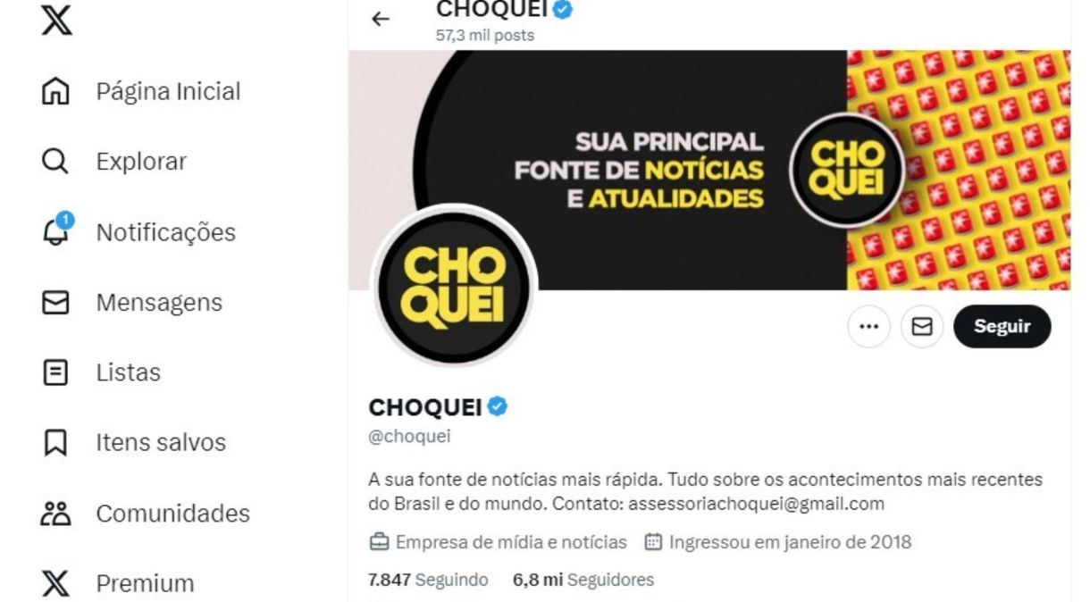 Página da Choquei tem quase 7 milhões de seguidores no X (antigo Twitter)
