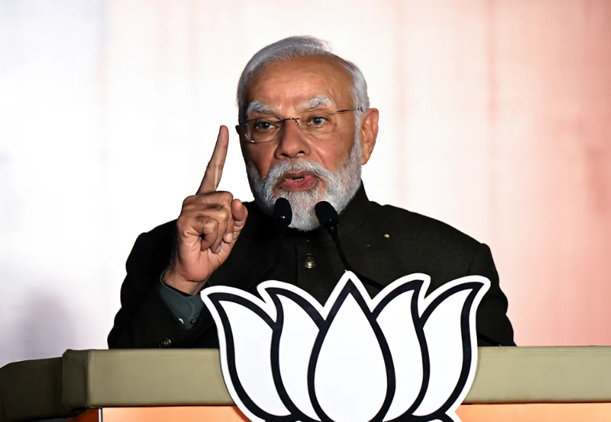 Narendra Modi, primeiro-ministro da Índia, fala na sede do Partido Bhartiya Janata (BJP) em Nova Delhi, Índia