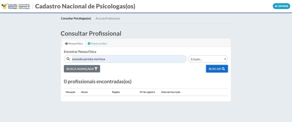 Consulta ao site do Conselho Federal de Psicologia mostra que Amanda não tem registro no órgão