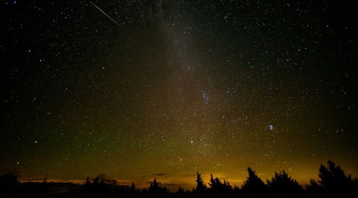 Meteoro atravessa o céu durante a chuva anual de meteoros Perseidas, agosto de 2016, em Spruce Knob, West Virginia