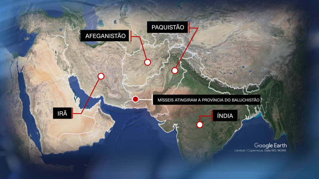 Mapa indicando local onde mísseis do Irã atingiram a província do Baluchistão, no Paquistão