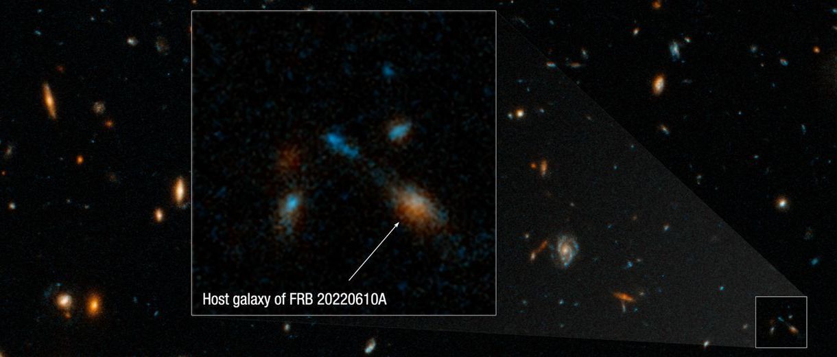 Astrônomos usaram o Telescópio Espacial Hubble para rastrear uma rápida explosão de rádio até um grupo compacto de pelo menos sete galáxias