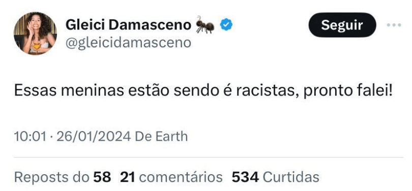 Tweet de Gleici Damasceno sobre racismo