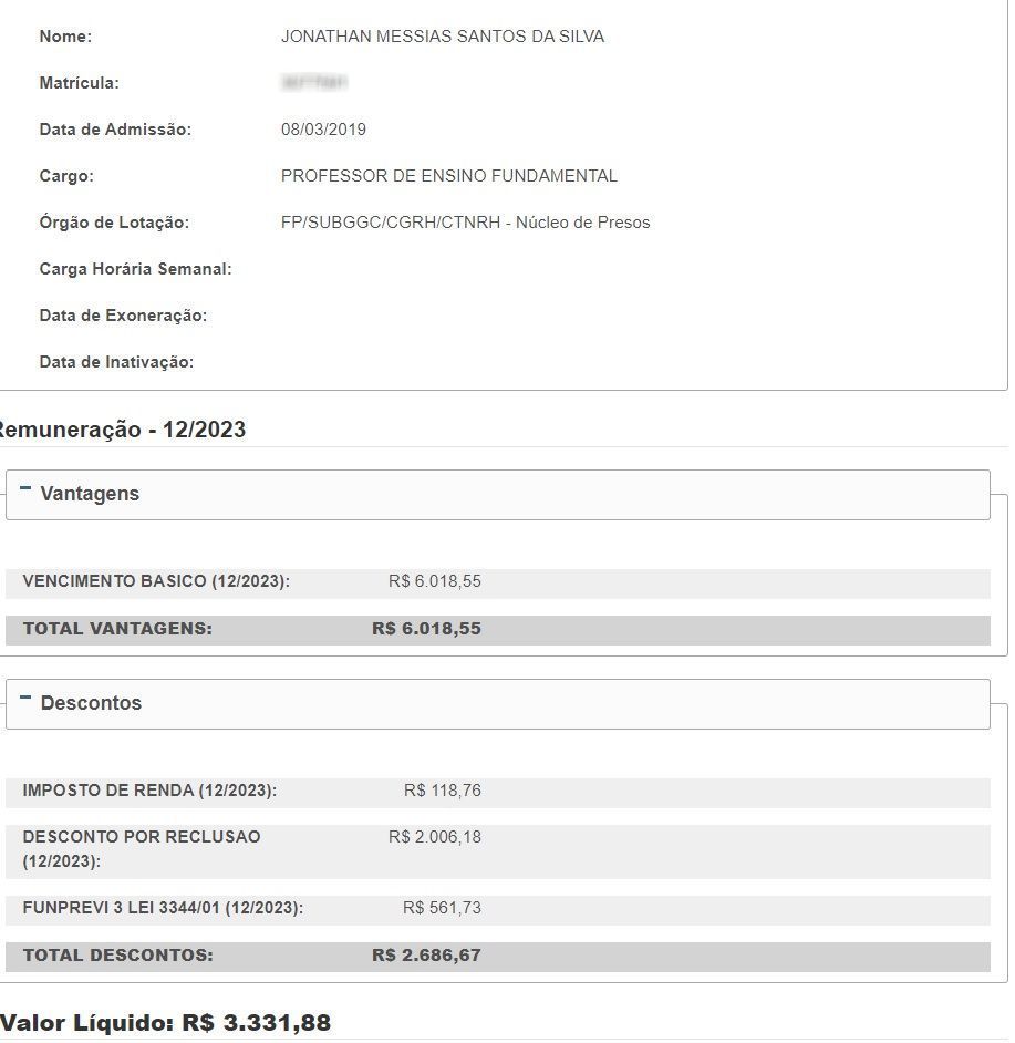 Folha de pagamento disponível no Portal da Transparência da Prefeitura do Rio