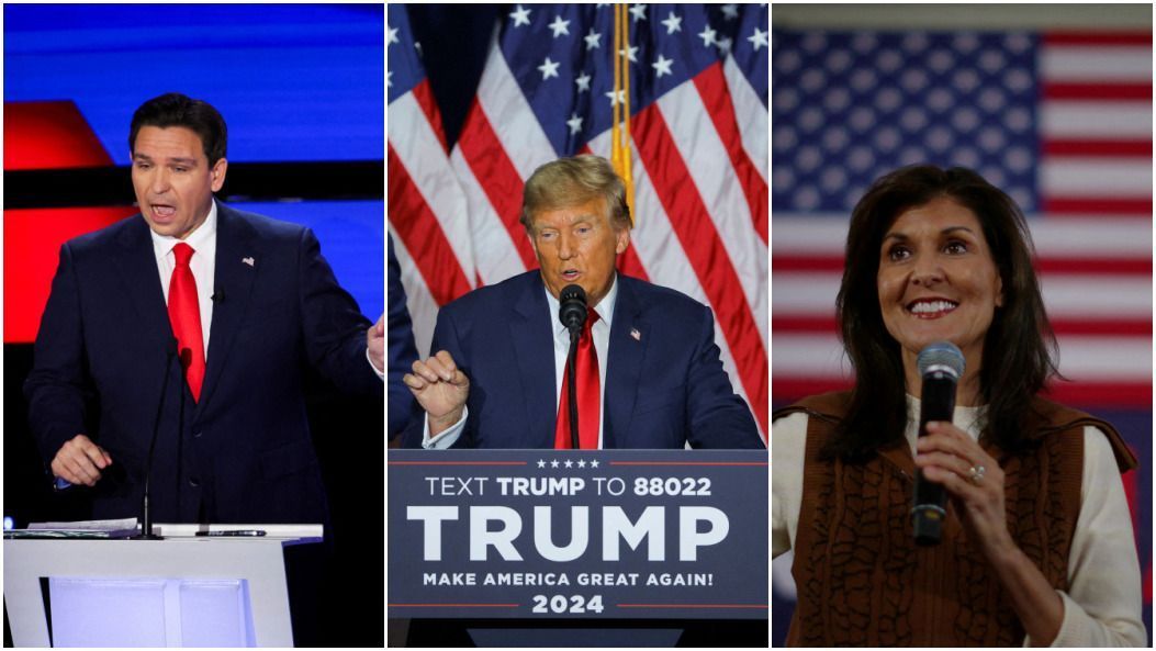 Governador da Flórida, Ron DeSantis, ex-presidente dos EUA, Donald Trump, e ex-governadora da Carolina do Sul, Nikki Haley.