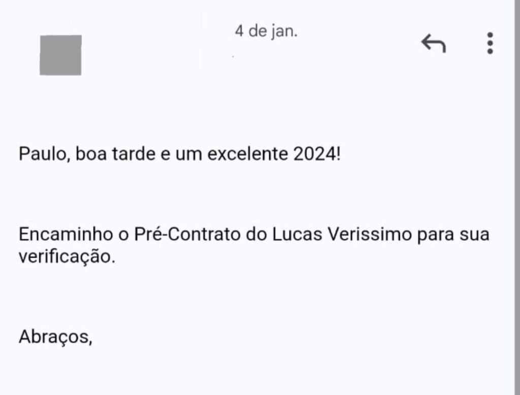 Email do Corinthians para o estafe de Lucas Veríssimo