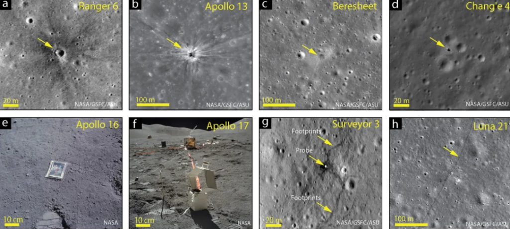 A humanidade deixou sua marca na Lua de várias maneiras, incluindo crateras de impacto deixadas por espaçonaves, rastros de veículos lunares, pegadas de astronautas, experimentos científicos e até fotos de família trazidas por astronautas