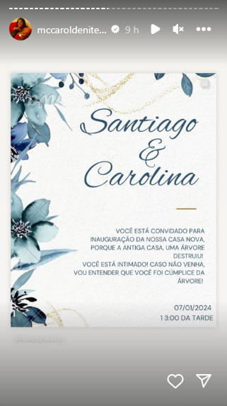 Convite para o "casamento surpresa" de MC Carol.