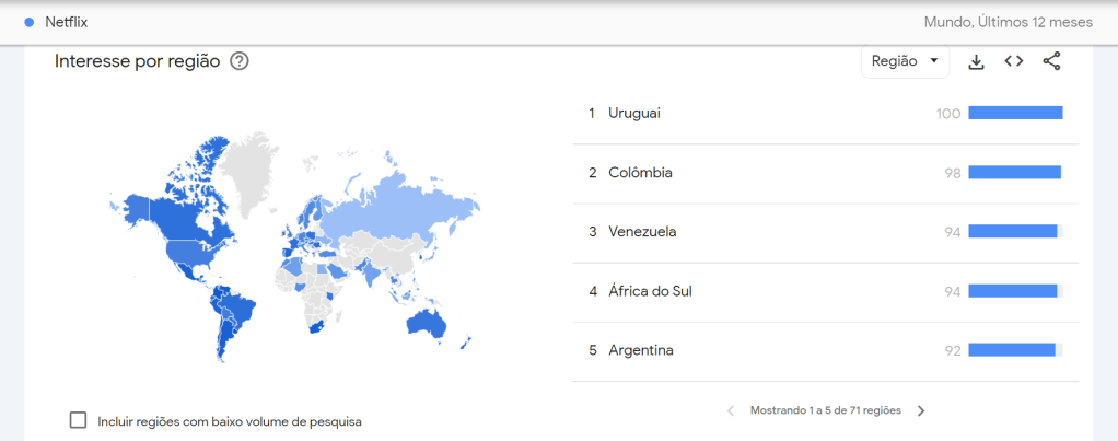 Países que mais buscaram sobre Netflix nos últimos 12 meses