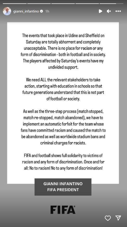Gianni Infantino defende derrota automática em casos de racismo no futebol