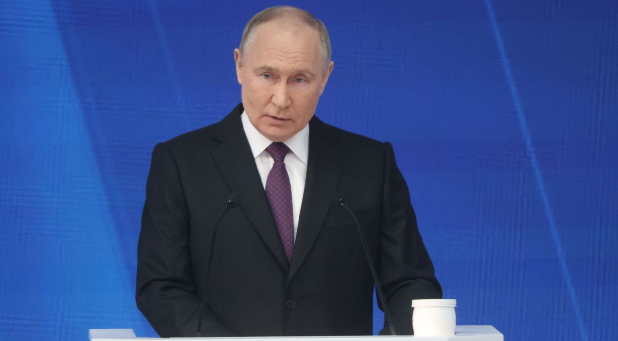 Presidente russo Vladimir Putin em seu discurso anual no Parlamento, em 29 de fevereiro de 2024, Moscou, Rússia.