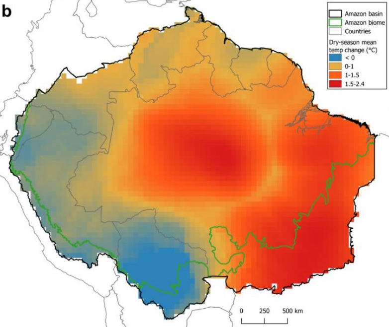 Mapa mostra mudança na temperatura média da estação seca em 2050.