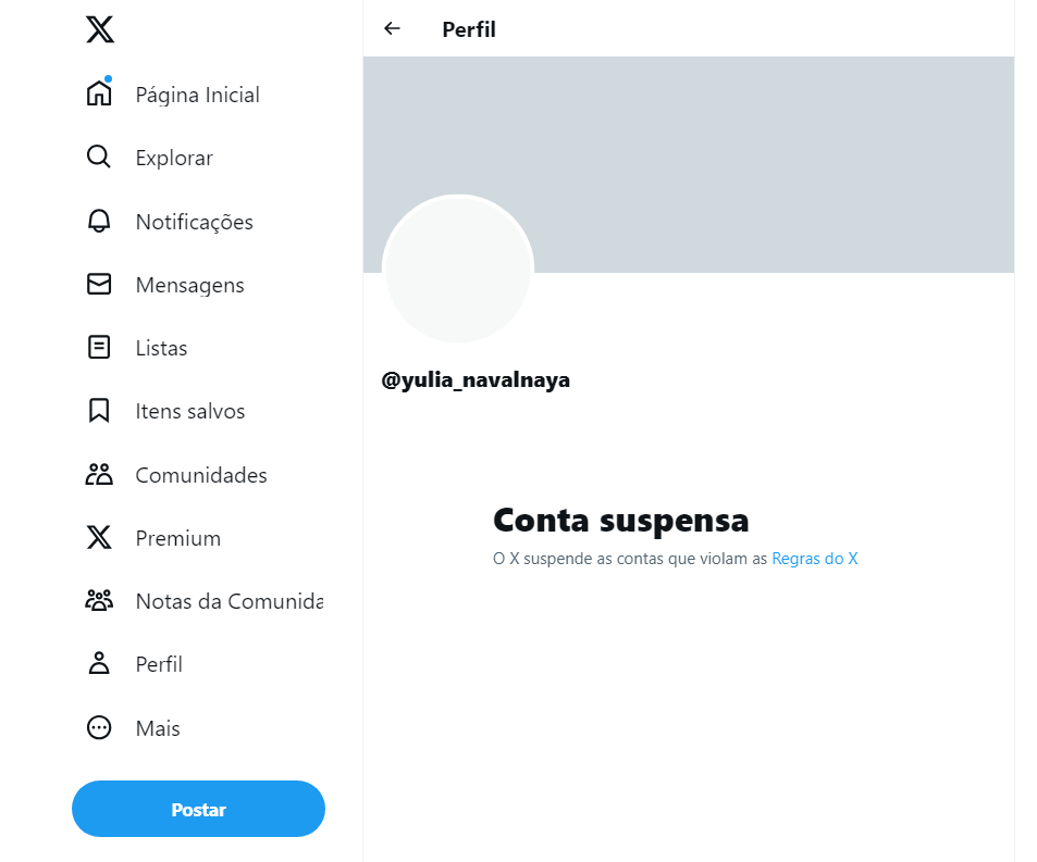 Conta de Yulia Navalnaya, viúva de Alexei Navalny, aparece suspensa no X (antigo Twitter).