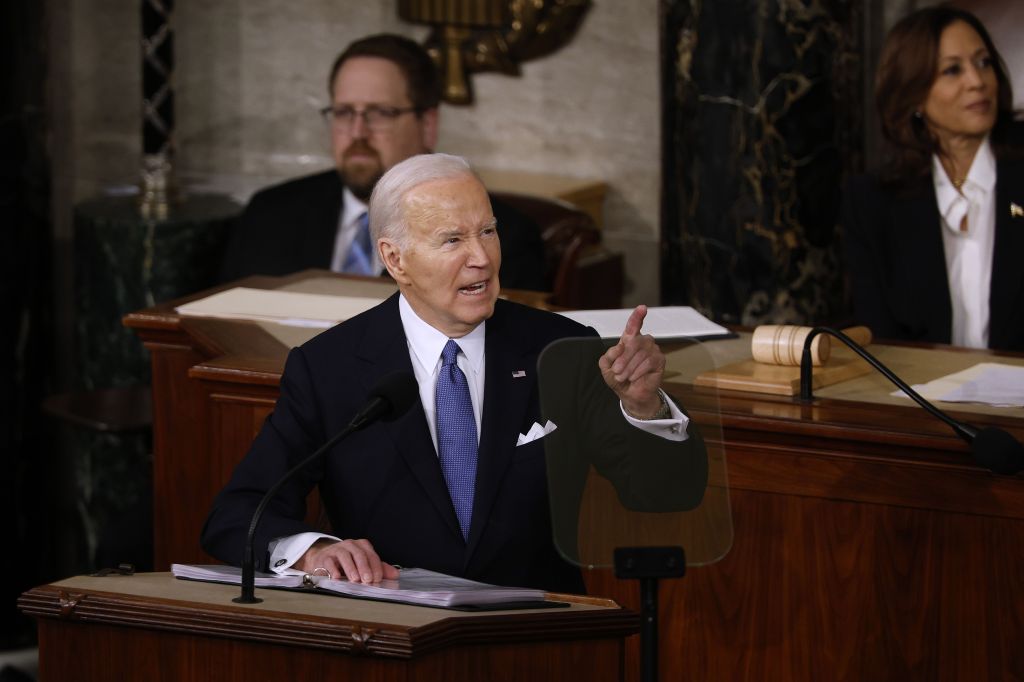 O presidente americano Joe Biden faz discurso do "Estado da União" ao Congresso americano, em 7 de março de 2024.