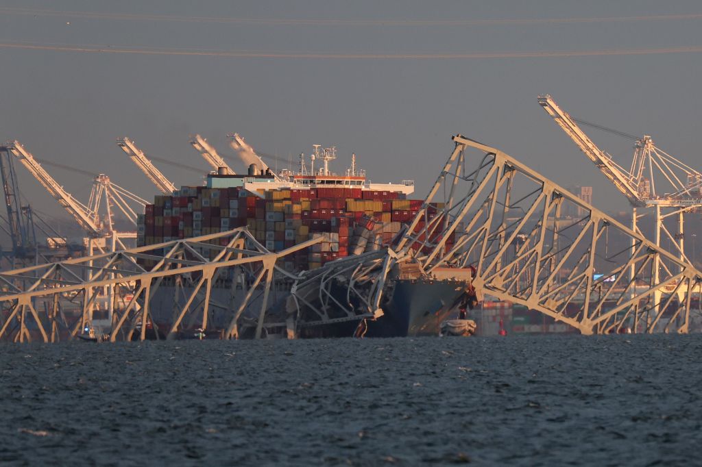 Vista da ponte Francis Scott Key, que desabou após a colisão de um navio de carga, em Baltimore, Maryland, Estados Unidos, em 26 de março de 2024.