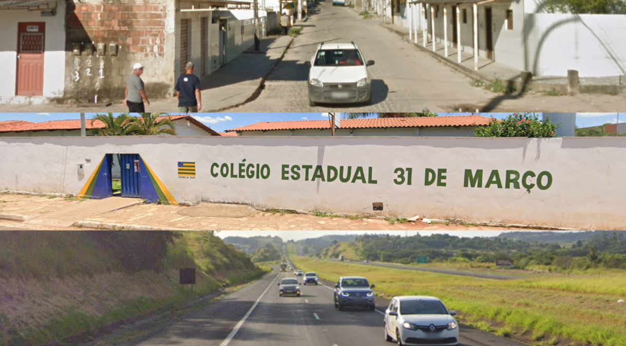 De cima para baixo, rua presidente Médici, em João Pessoa; Colégio Estadual 31 de Março, em Alexânia, e rodovia Presidente Castelo Branco, em São Paulo