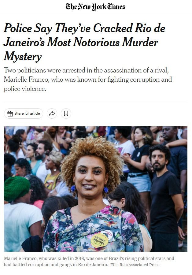 Manchete do New Yor Times sobre a prisão de envolvidos no assassinato de Marielle Franco