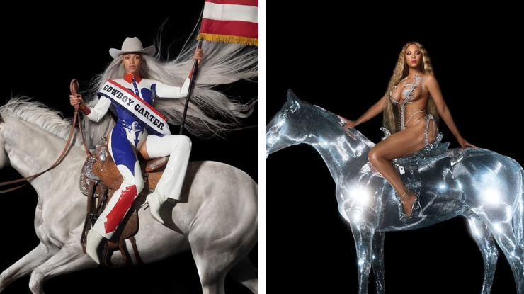 Álbum "Cowboy Carter", à esquerda da foto e "Renaissance", à direita, ambos de Beyoncé