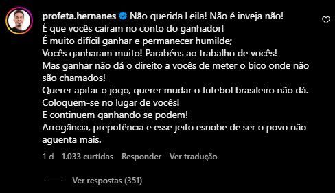 Comentário Hernanes sobre Leila Pereira
