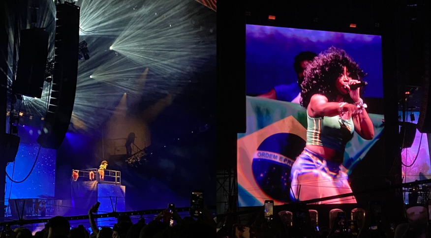 Montagem com cantora em cima de plataforma no show e vista do telão com bandeira do Brasil ao fundo