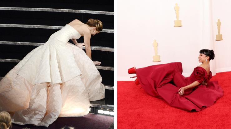 Jennifer Lawrence e Liza Koshy levando tombos no Oscar