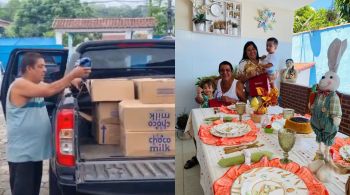 O pagodeiro compartilhou vídeos carregando o carro e distribuindo ovos de Páscoa com outros voluntários da ação neste domingo (31)