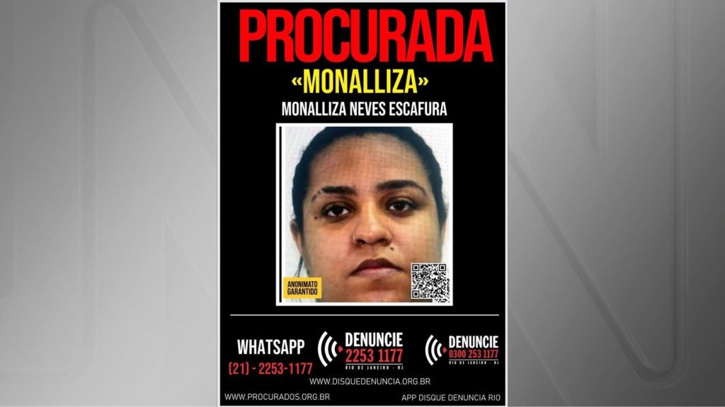 Monalliza Neves Escafura, filha de Piruinha, que está foragida, tem a foto estampada no Disque Denúncia do Rio