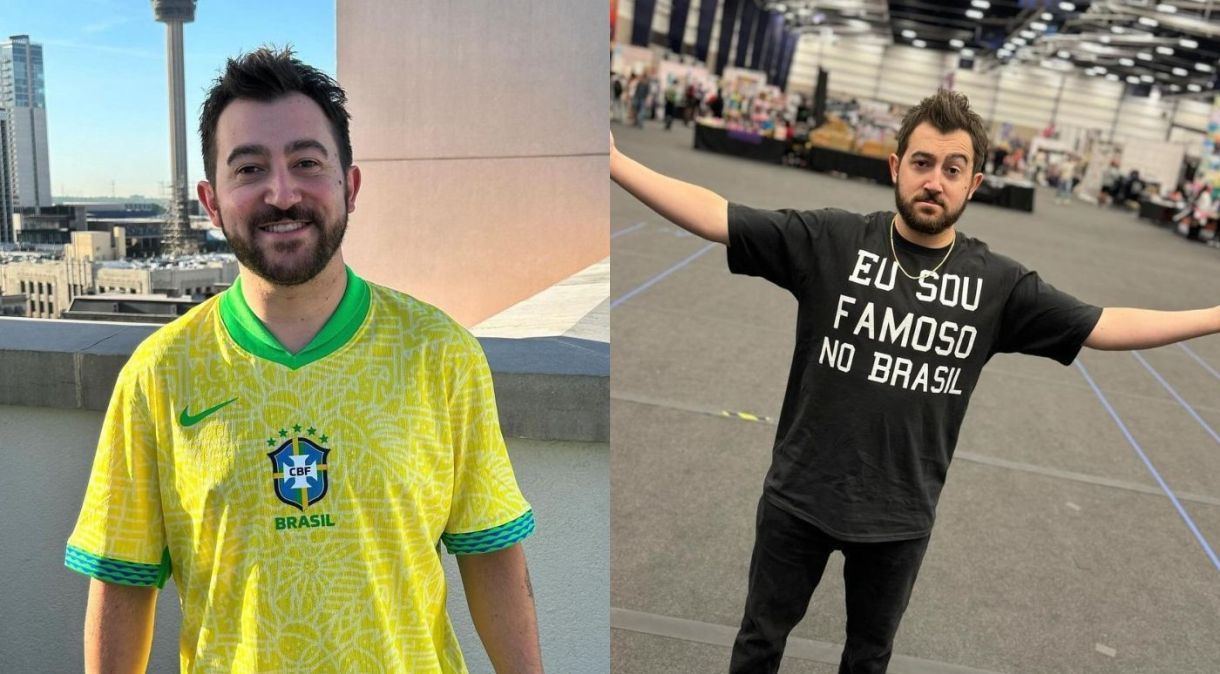 Vincent Martella com camisa da seleção (à esq.) e com camisa que o tornou queridinho pelos brasileiros