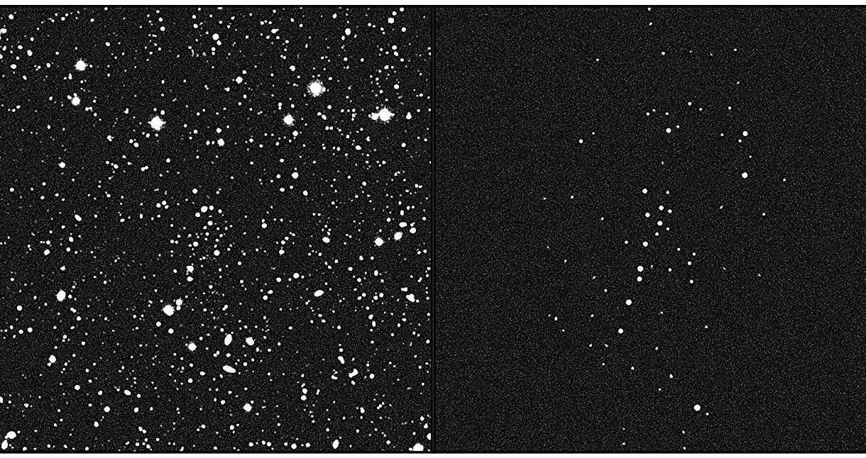 Imagem profunda do céu (esq.) mostra a região onde está localizado o agrupamento de estrelas UMa3/U1 (dir.)