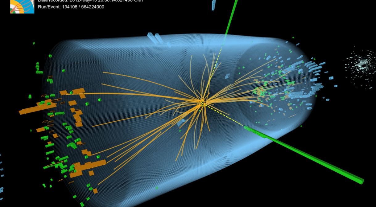 Evento registrado na imagem mostra características esperado da interação do bóson de Higgs com um par de fótons (linhas amarelas tracejadas e torres verdes).