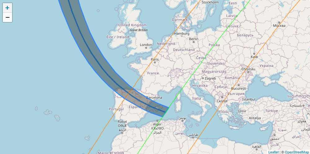 Mapa mostra áreas na Espanha e em Portugal de onde será possível observar um eclipse solar total em 2026 (faixa escura)