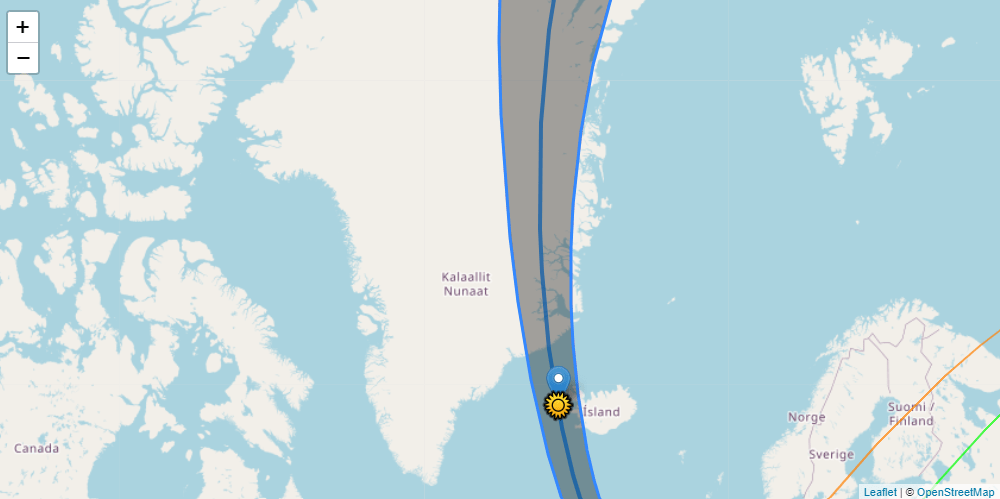 Mapa mostra áreas na Islândia e Groelândia de onde será possível observar um eclipse solar total em 2026 (faixa escura)