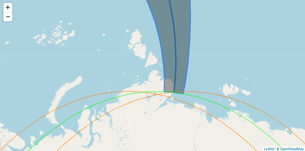 Mapa mostra áreas na Rússia de onde será possível observar um eclipse solar total em 2026 (faixa escura)