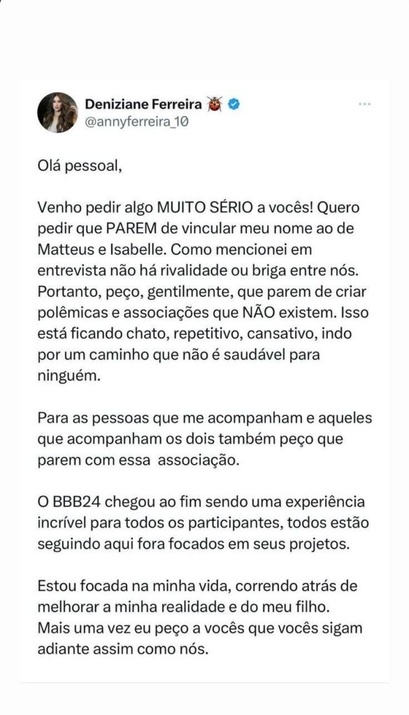 Deniziane compartilha desabafo e fala sobre relação de Matteus e Isabelle