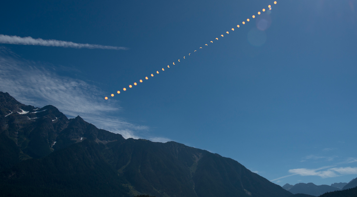 Composição de imagens da vista da progressão de um eclipse solar em 2017